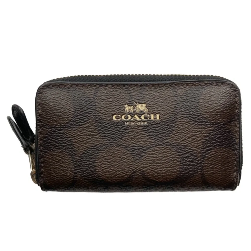 COACH F63975 Chocolate Espresso Leather Signature Double Zip Coin Case Bag